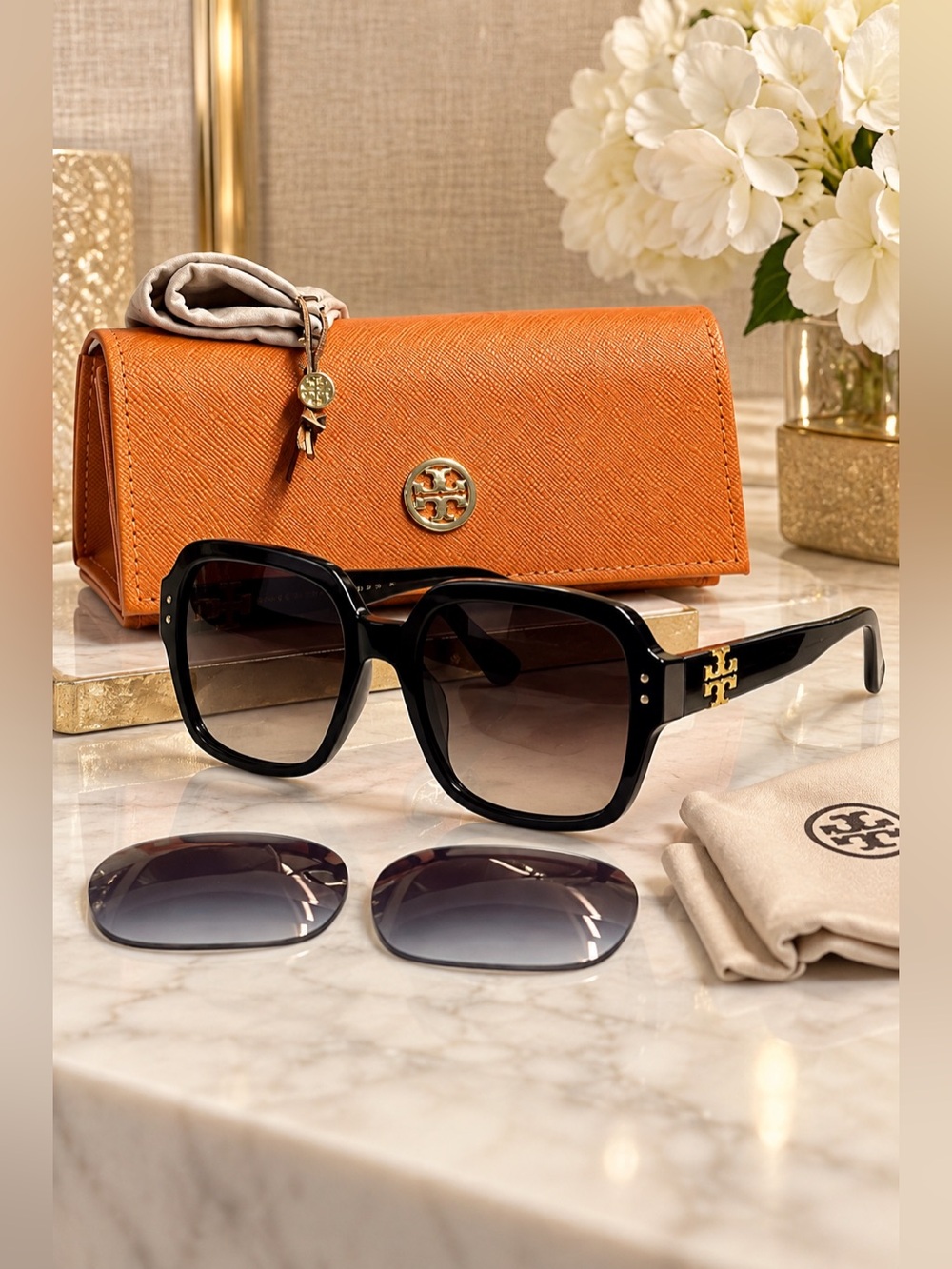 Tory Burch TY7143U Oversized Square Black Gradient Sunglasses w/ Case + Extra Rx
